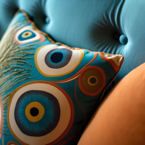 Colorful pillows on blue sofa, close-up view. Colorful pillows on blue sofa, close-up view.