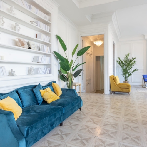Sew What Upholstery_Lounge modern and very stylish interior design of large studio apartment with fashionable furniture with gold elements. very light and bright room with big windows